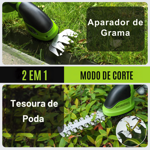 [💥QUEIMA DE ESTOQUE] APARADOR ELÉTRICO WORKPRO - 2 em 1 - 3.6V/7.2V - Aparador de grama e Tesoura de poda Bateria de Lítio Recarregável, sem fio