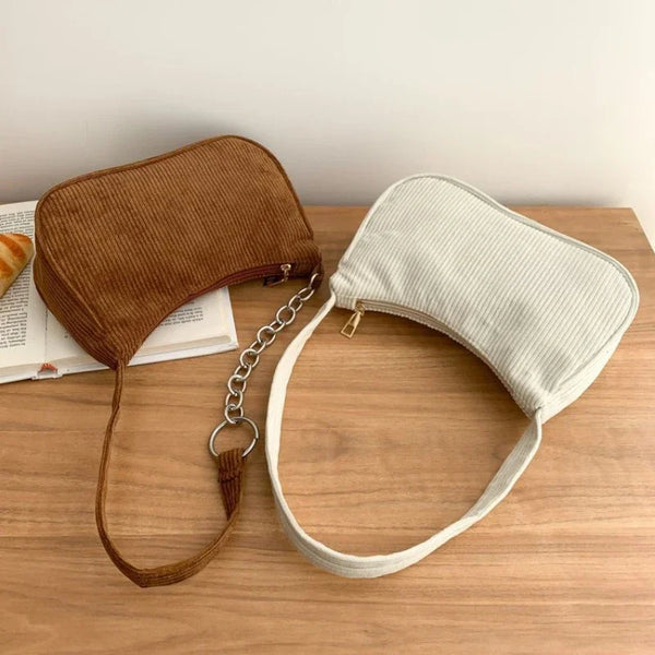 Bolsa Casual de Veludo Cotelê para Mulheres - Bolsa de Ombro Feminina com Zíper em Cor Sólida